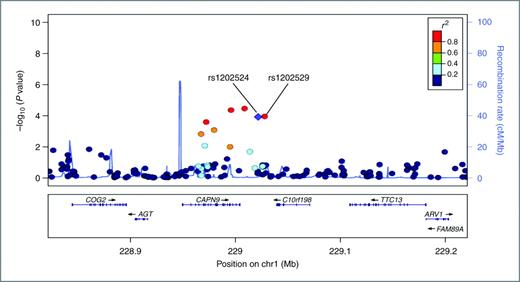 Figure 2. A regional plot of the −log10P values for SNPs at 1q42.2. The LD is estimated using data from the HapMap Asian population. Also shown are recombination rates in centimorgans (cM) per megabase (Mb) and genes in the region (below) based on the March 2006 UCSC Genome Browser assembly.