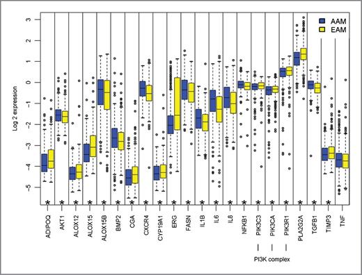 Figure 2. Boxplots of the log base 2 expression levels for genes mapped to the functional interaction network. The genes identified in the functional interaction network in Fig. 1 were stratified by race and the individual genes measured by the DASL assay identified as the PI3K complex genes are named. The stars at the bottom of the graph indicate statistically significant differences between races. As TNF is a central hub in the network, it is included in the graph even though it is not statistically significant.