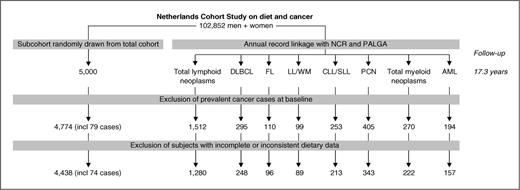 Figure 1. Flow diagram of subcohort members and cases of lymphoid and myeloid neoplasms whose data were used in the analysis, NLCS on Diet and Cancer, 1986–2003. FL, follicular lymphoma; NCR, Netherlands Cancer Registry.