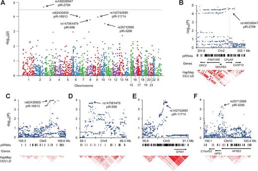 Figure 1. Association analyses of piRNA variants and glioma. A, Manhattan plot of piRNA SNP–glioma association results. Five SNPs demonstrating statistically significant or suggestive associations with glioma risk are noted; dotted line represents the Bonferroni-adjusted significance threshold, P = 3.50 × 10−5. piRNA SNPs are plotted according to physical genomic order on the x-axis. B–F, regional imputation of all 1,000 Genomes SNPs with MAF > 1% in piR-2799, piR-18913, piR-598, piR-11714, and piR-3266 regions. Association results are presented in context of piRNAs from piRNABank, known protein-coding genes, and linkage disequilibrium (LD) patterns from the HapMap CEU population. Index SNPs and piRNAs are colored in red.