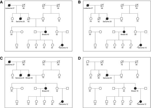 Figure 1. A hypothetical family pedigree to illustrate the utility of LFSPRO for genetic counseling. An arrow indicates the counselee, for whom the TP53 mutation probability is calculated by LFSPRO on the basis of the family history of cancer. Cancer type and age at diagnosis (years) in affected family members are indicated. A–D, Four variations in clinical scenarios.
