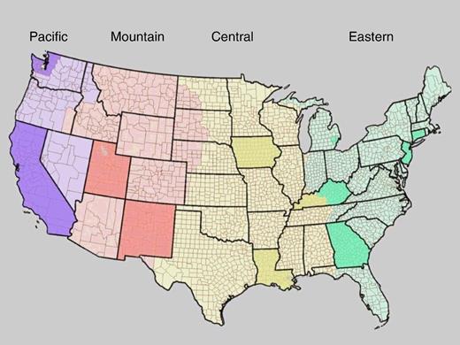 Figure 2. Map of the Continental United States showing the four time zones (Pacific—purple, Mountain—peach, Central—yellow, Eastern—green) with each of the 11 SEER states (California, Connecticut, Georgia, Iowa, Kentucky, Louisiana, New Mexico, New Jersey, Utah) and registries (the Detroit metropolitan area of Michigan and the Seattle-Puget Sound area of Washington) shaded a darker shade. The 607 counties are also indicated.