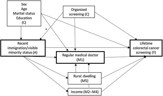 Figure 1. Directed acyclic graph (DAG) of the assumed direction of associations between study measures. One-way arrows indicate assumed direction of associations between the exposure of the study (A, recent immigration/visible minority status), the principal mediator (M1, access to a primary care physician), the outcome (Y, lifetime colorectal cancer screening), other assumed mediators (M2–M5), and covariates (C). The asterisk (*) is used to indicate that certain assumptions underly the assumed direction of the arrow from exposure to an organized screening program to recent immigration (A). These assumptions are that (i) recent immigration entails a set of experiences, some of which are mutable and can vary according to the country of arrival's integration policies, and (ii) organized screening programs (which represent a provincial investment in health promotion and health service accessibility—or least, the promotion of service and screening awareness) could shape recent immigrants' experiences in navigating a new health system.