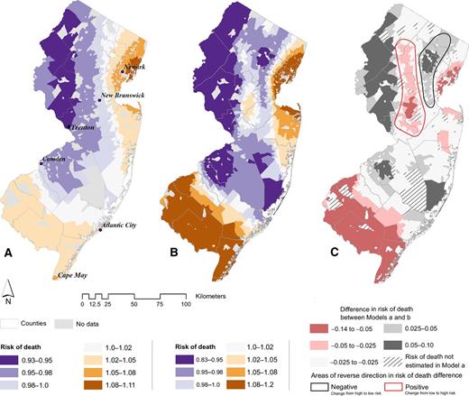 Figure 1. Geographic variation in risk of death estimates after adjustment for sex, age, race/ethnicity, substage at diagnosis, and CT-poverty using information from place of diagnosis (A) and using residential histories during the follow-up (B). C, The difference map of risk of death estimates between models a and b (c = a−b). Red and black circled areas show the CTs with risk of death differences that were in the opposite direction in the time-varying model compared with the diagnosis model.