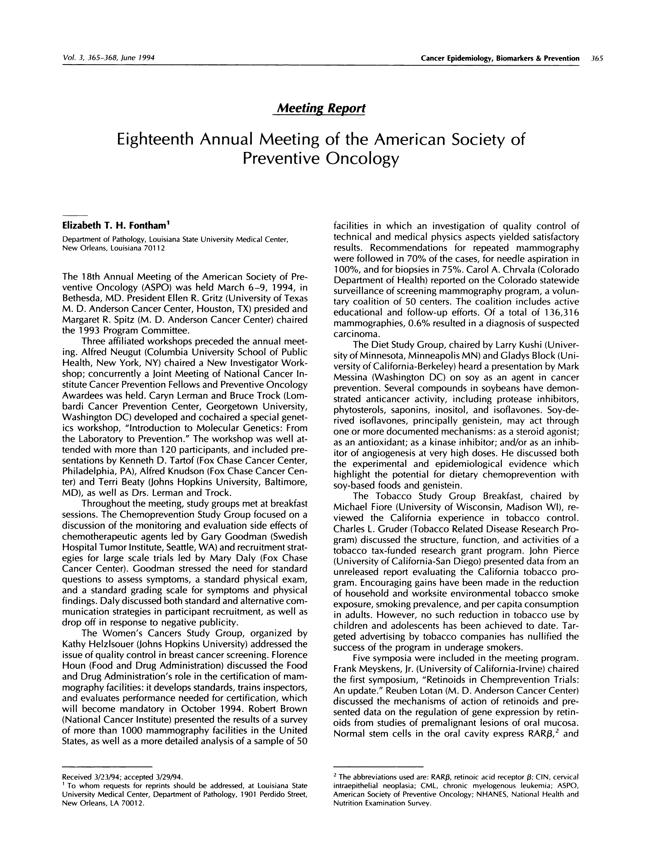 First page of Eighteenth annual meeting of the American Society of Preventive Oncology.