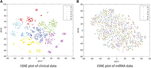 tSNE plots of miRNA and clinical data. tSNE scatter plot of (A) 33 clinical variables and of (B) 179 miRNAs. Categories 0–5 refer to sample clusters in A and are designated by color. The clusters were determined using k-means clustering on the tSNE plot in A. Supplementary Table S3 summarizes the patient characteristics in each cluster.