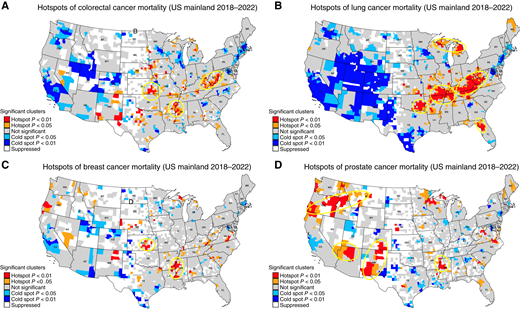 Hotspots of major cancer mortality rates in the United States, 2018−2022. The hotspots were identified via Getis–Ord Gi* statistics and permutation tested for statistical significance. Hotspot clusters were manually circled. A, Colorectal cancer; B, lung cancer; C, breast cancer; D, prostate cancer. Data were obtained from the CDC WONDER website, and some counties are suppressed because of small death counts (5-year total between 1 and 9). Higher-resolution maps are presented in Supplementary Figs. S1–S4.