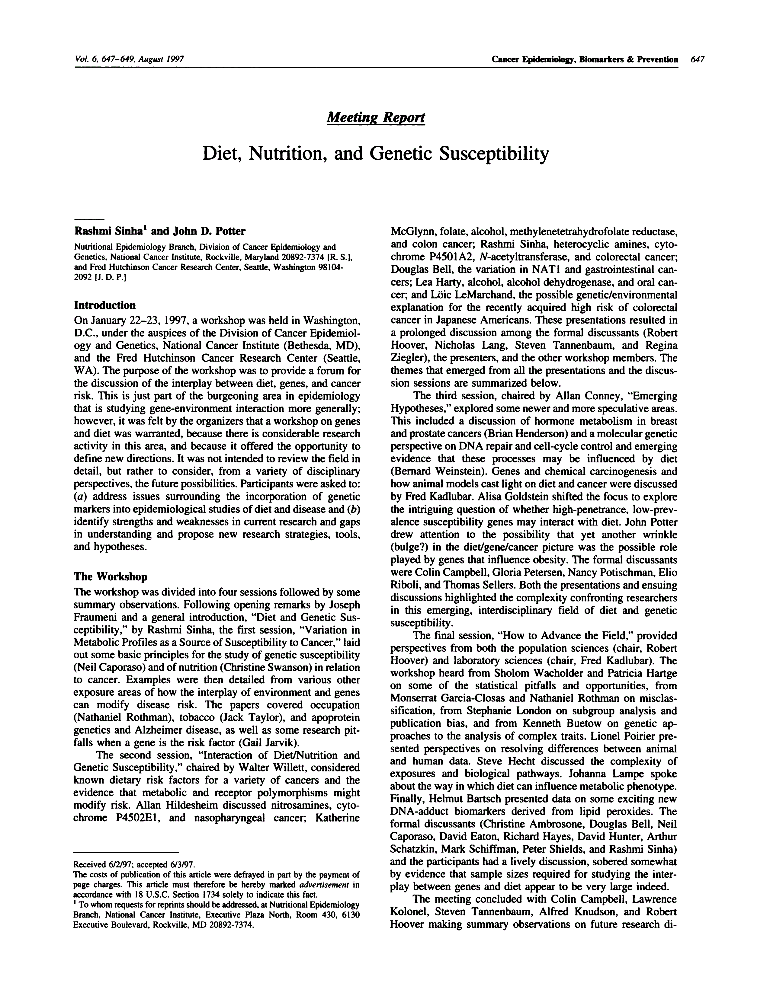 First page of Diet, nutrition, and genetic susceptibility.