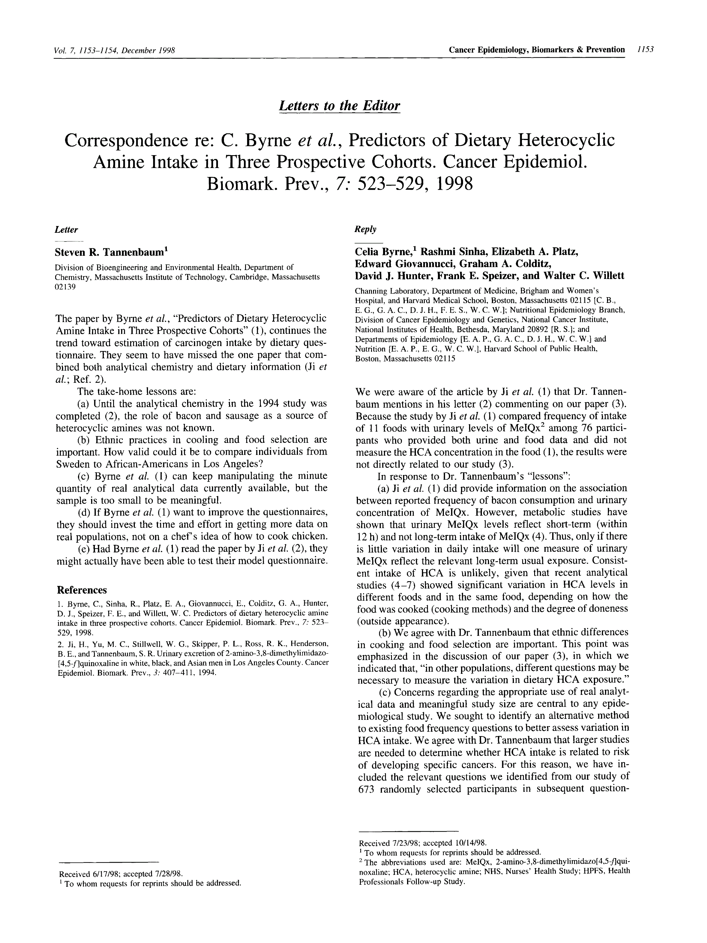 First page of Correspondence re: C. Byrne et al., Predictors of dietary heterocyclic amine intake in three prospective cohorts. Cancer Epidemiol. Biomark. Prev., 7: 523-529, 1998.