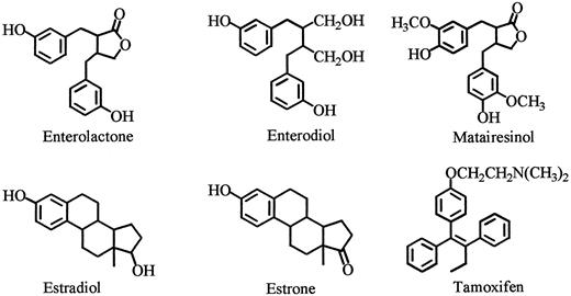 Fig. 1. Molecular structures of lignans, estrogens, and tamoxifen.