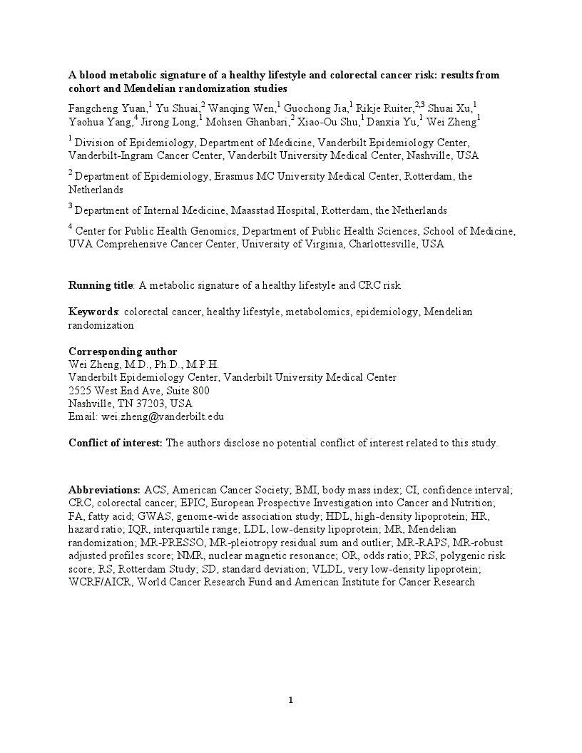 First page of A blood metabolic signature of a healthy lifestyle and colorectal cancer risk: results from cohort and Mendelian randomization studies<alt-title alt-title-type="left-running">A metabolic signature of a healthy lifestyle and CRC risk</alt-title>