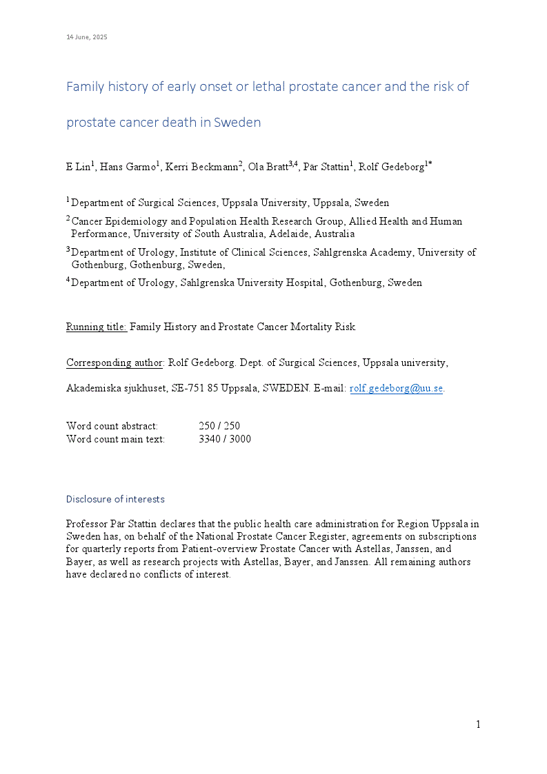First page of Family history of early onset or lethal prostate cancer and the risk of prostate cancer death in Sweden<alt-title alt-title-type="left-running">Family history and prostate cancer mortality risk</alt-title>