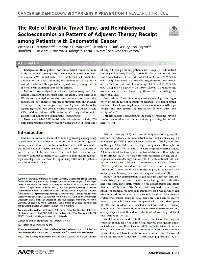 First page of The Role of Rurality, Travel Time, and Neighborhood Socioeconomics on Patterns of Adjuvant Therapy Receipt among Patients with Endometrial Cancer<alt-title alt-title-type="short">Contextual Factors and AT Receipt for Endometrial Cancer</alt-title>
