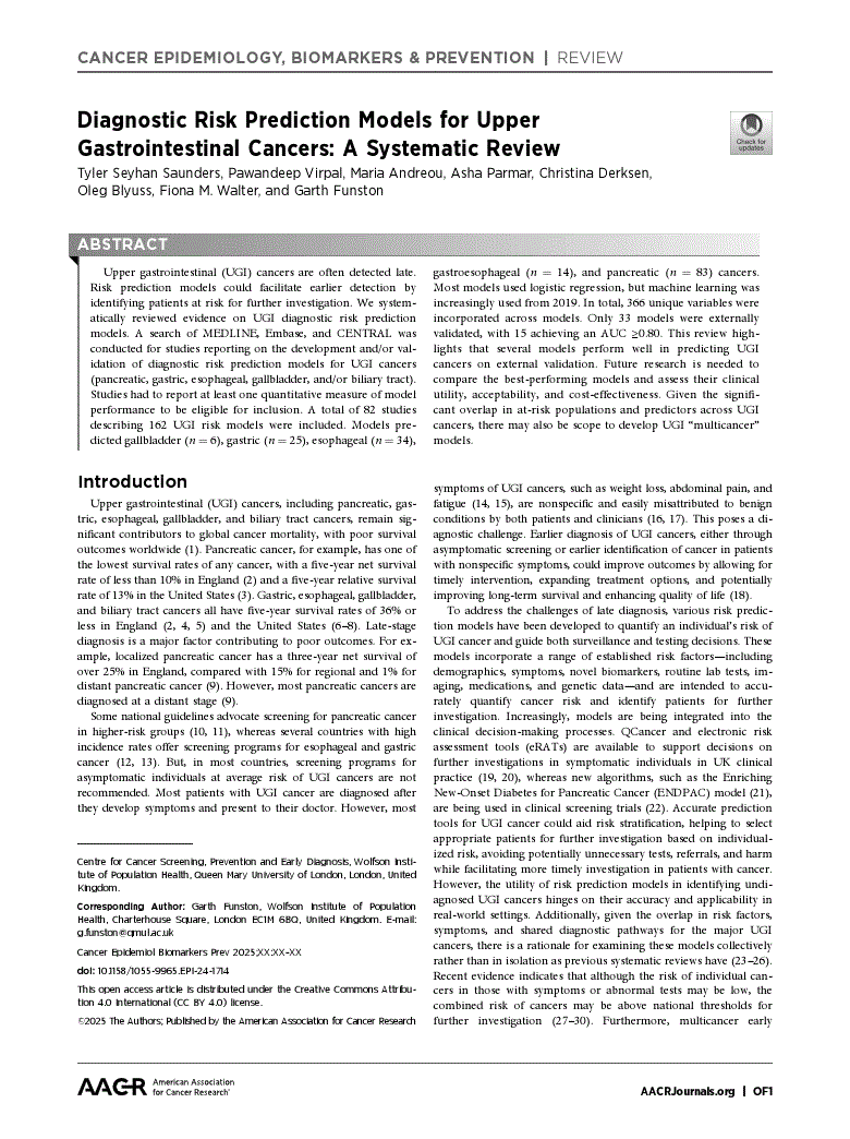 First page of Diagnostic Risk Prediction Models for Upper Gastrointestinal Cancers: A Systematic Review<alt-title alt-title-type="short">Risk Prediction Models for UGI Cancers: A Systematic Review</alt-title>