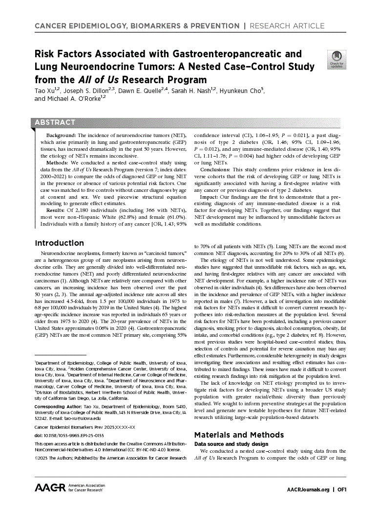 First page of Risk Factors Associated with Gastroenteropancreatic and Lung Neuroendocrine Tumors: A Nested Case–Control Study from the <italic>All of Us</italic> Research Program<alt-title alt-title-type="short">Risk Factors of Developing NETs Using the <italic>All of Us</italic> Data</alt-title>