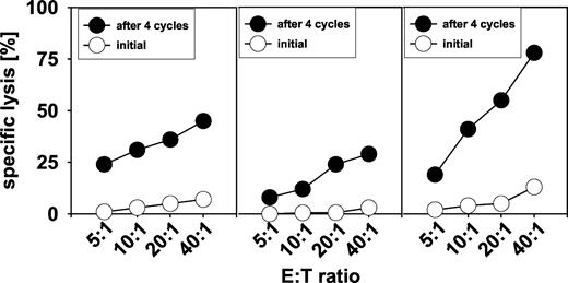 Fig. 6. Comparison of the in vivo Hsp70 reactivity in patient-derived peripheral blood lymphocytes (PBLs) after four treatment cycles. PBLs of patient nos. 10, 12, and 11 were derived either before start of immunotherapy (initial, ○) or on day 1 after four injection cycles with TKDNNLLGRFELSG/interleukin 2-activated cells (after four cycles, •). The cytolytic activity of PBL was tested against Hsp70 membrane-positive CX+ tumor cells at E:T cell ratios ranging from 40:1 to 5:1; percentage spontaneous release of the target cell line was <20%. It is important to note that patient-derived PBLs used in the cytotoxicity assays were not restimulated in vitro.