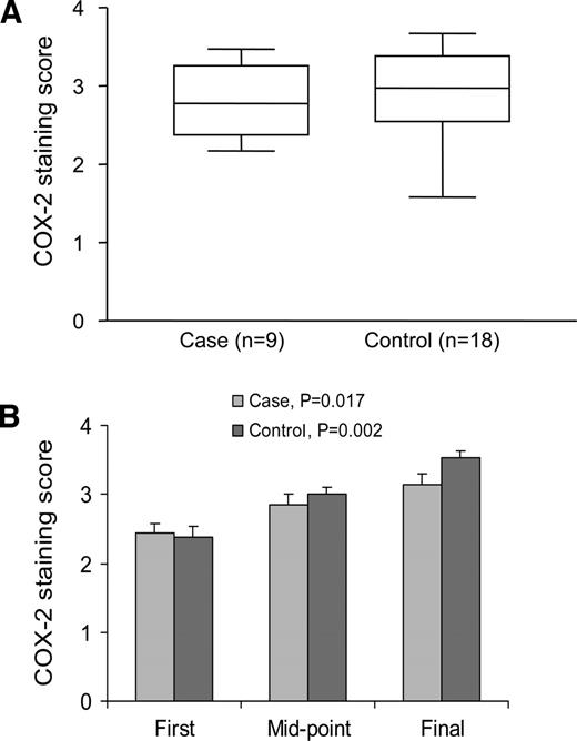 Fig. 3. Retrospective longitudinal case-control study using immunohistochemistry to compare cyclooxygenase (COX)-2 expression in 9 Barrett’s esophageal epithelium patients who progressed to dysplasia and cancer with 18 Barrett’s esophageal epithelium patients matched for age and follow-up period who did not progress to dysplasia or esophageal adenocarcinoma. A, when all follow-up data points were considered together, there was no significant difference in COX-2 expression between the two groups. B, COX-2 expression increased over time during the follow-up period in both groups (P = 0.017 for cases, P = 0.002 for controls).