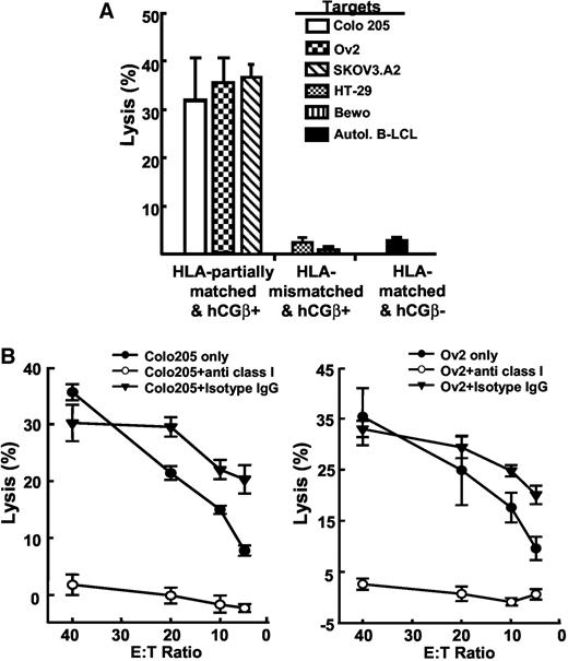 Fig. 5. CTL responses directed at cancer cell lines. A, T cells stimulated with human anti-dendritic cell (DC) antibody (B11)-human chorionic gonadotropin β subunit (hCGβ)-treated DCs from donor 1 (HLA-A2, 31, B13, and 35) were used as effector cells. Various cancer cell lines were used as targets. Expression of hCGβ in cancer cell lines was examined at the protein and RNA levels by immunocytochemistry and reverse transcription-PCR, respectively. Autologous B lymphoblastoid cell line (B-LCL) was used as an HLA-matched control. The 4-h 51Cr release assay was performed in triplicate, and error bars indicate experimental deviation. B, T cells stimulated with B11-hCGβ-treated DCs from donor 1 (HLA-A2, 31, B13, and 35) were used as effector cells. The hCGβ-positive HLA-partially matched cancer cell lines Colo205 (HLA-A1, 2, B7, and 8) and OV2 (HLA-A1, 2, B35, and 49) were incubated with or without anti-HLA class I antibody or its isotype-matched IgG and then were used as targets. The 4-h 51Cr release assay was performed in triplicate, and error bars indicate experimental SD.