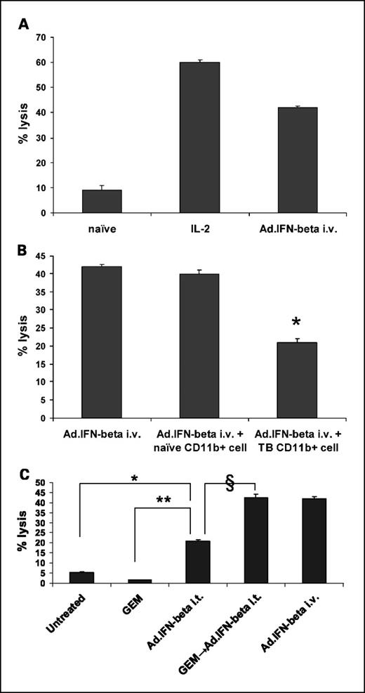 Fig. 5. Gemcitabine prevents the loss of NK cell activity in the spleens of mice bearing large tumors. A, interleukin 2–activated splenocytes (lymphokine-activated killer cells) were mixed with 51Cr-labeled YAC-1 cells at an effector-to-target ratio of 50:1. More than 60% of cells were lysed after 4 hours (IL-2, interleukin 2). A high level of NK cell activity (45%) was also seen when splenocytes from mice injected i.v. with Ad.IFN-β 5 days before assay were evaluated (Ad.IFN-βi.v.). Naïve splenocytes had minimal lytic activity (<10%). B, when purified CD11b+ cells from the spleens of nontumor-bearing animal were mixed with splenocytes from mice injected i.v. with Ad.IFN-β 5 days before assay (as above), there was no loss of NK cell activity (Ad.IFN-βi.v. versus Ad.IFN-βi.v + naïve CD11b+ cell). In contrast, when purified CD11b+ cells from the spleens of animals bearing large tumors were mixed with splenocytes from mice injected i.v. with Ad.IFN-β 5 days before assay (as above), there was a significant (*P < 0.05) decrease in NK cell activity (Ad.IFN-βi.v + TB CD11b+ cell). C, mice bearing large TC-1 tumors were given one dose of 120 mg/kg of gemcitabine 16 days after tumor cell inoculation. Two days later, 1 × 109 pfu of Ad.IFN-β was injected i.t. into either gemcitabine-treated mice or control saline-treated mice. Four days later, equal numbers of spleen cells from each group were evaluated for NK cell activity. Spleen cells from the untreated mice (Untreated) or those treated with gemcitabine only showed minimal ability to lyse YAC-1 cells (columns 1 and 2). Spleen cells of Ad.IFN-β–treated mice (Ad.IFN-βi.t.) showed significant (*P < 0.001 for column 1 versus column 3; **P < 0.001 for column 2 versus column 3) NK cell activity compared with those of control- or gemcitabine-treated mice. The splenocytes from mice treated with both gemcitabine and Ad.IFN-β (GEM→Ad.IFN-βi.t.) had significantly higher NK cell activity than splenocytes treated with just Ad.IFN-β (columns 3 and 4, §P < 0.01). The activity seen in the splenocytes of dual-treated animals was virtually identical to that seen in the splenocytes of naïve animals given an i.v. injection of Ad.IFN-β (Ad.IFN-βi.v.; column 4 versus column 5).