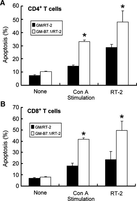 Fig. 7. Apoptosis of activated CD4+ and CD8+ T cells on exposure to GM-B7.1/RT-2 cells. Activated CD4+ or CD8+ T cells were obtained by either concanavalin A stimulation or in vitro tumor cell (RT-2) stimulation as described in Materials and Methods. Unstimulated or in vitro stimulated lymphocytes were cocultured with GM/RT-2 or GM-B7.1/RT-2 cells for 17 hours and then stained with anti-rat CD4 or anti-rat CD8 antibodies as well as Annexin V. Apoptosis levels of CD4+ or CD8+ T cells were determined by flow cytometry. A, apoptosis of CD4+ T cells; B, apoptosis of CD8+ T cells. Columns, mean of three independent experiments; bars, SD. *, P < 0.005, GM/RT-2 versus GM-B7.1/RT-2 (Student's t test).