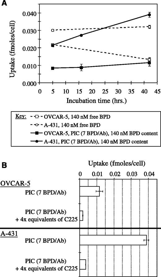 Fig. 3. Cellular uptake experiments with two EGFR-overexpressing cancer cell lines, OVCAR-5 and A-431. A, cells were incubated for various times at 37°C with 140 nmol/L BPD content of free BPD or BPD-C225 PIC; B, cells were incubated for ∼40 hours at 37°C with 140 nmol/L BPD content of BPD-C225 PIC or BPD-C225 PIC plus the indicated amount of competing antibody. Data were collected in triplicate; bars, SD. Uptakes can be converted to femtomoles of BPD per milligram of cell protein using the following conversion factors: 2.4 × 106 cells/mg cell protein for OVCAR-5 and 1.8 × 106 cells/mg cell protein for A-431.