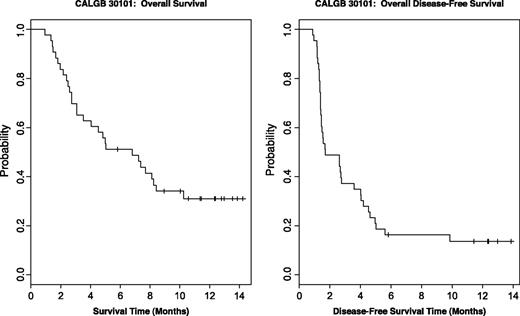 Fig. 1. Overall survival and disease-free survival of patients with malignant mesothelioma treated with gefitinib.