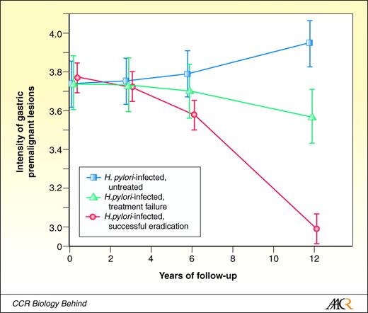Fig. 3. Gastric histopathology scores in H. pylori–infected persons residing in a region with a high incidence of gastric cancer that were either successfully treated, untreated, or who failed antimicrobial therapy, by years of follow-up. Modified from ref. 21.