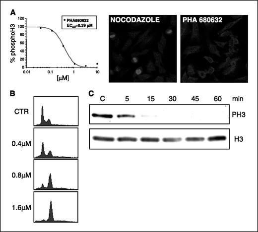 Fig. 5. Kinetics of inhibition of the phosphorylation of histone H3. A, Array Scan IV analysis of phosphorylation of histone H3 on U2OS cells treated for 7 hours with 75 ng/mL nocodazole followed by different doses of PHA-680632 for the last 1.5 hours. B, cell cycle profiles of U2OS cells treated for 24 hours at the indicated doses of PHA-680632. C, Western blot analysis of phosphorylated histone H3 of U2OS cells treated with 5 μmol/L PHA-680632 and collected at the indicated time points.