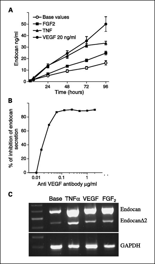 Fig. 3. Kinetics of induced endocan secretion in HUVECs. A, VEGF and fibroblast growth factor-2 induce endocan secretion. HUVECs at confluence were cultured in RPMI 1640 containing 2% FCS. The supernatants were collected and endocan was evaluated by ELISA. Points, mean of seven separate experiments; bars, SE. Experimental conditions: ○, base values and after addition of 20 ng/mL; •, VEGF165; ▪, fibroblast growth factor-2; ▴, tumor necrosis factor-α. HUVECs viability evaluated by a 3-(4,5-dimethylthiazol-2-yl)-2,5-diphenyltetrazolium bromide test showed no difference over time in all experimental conditions (data not shown). No statistically significant difference in cell number was found after 96 hours of stimulation as measured by lactate dehydrogenase release after cell lysis. B, dose-dependent inhibition of endocan secretion by a blocking anti-VEGF monoclonal antibody after 48 hours of culture; similar results were obtained at all time points. Experiments were done in quadruplicate. C, typical PCR of endocan mRNA expression in HUVECs at 24 hours after stimulation.