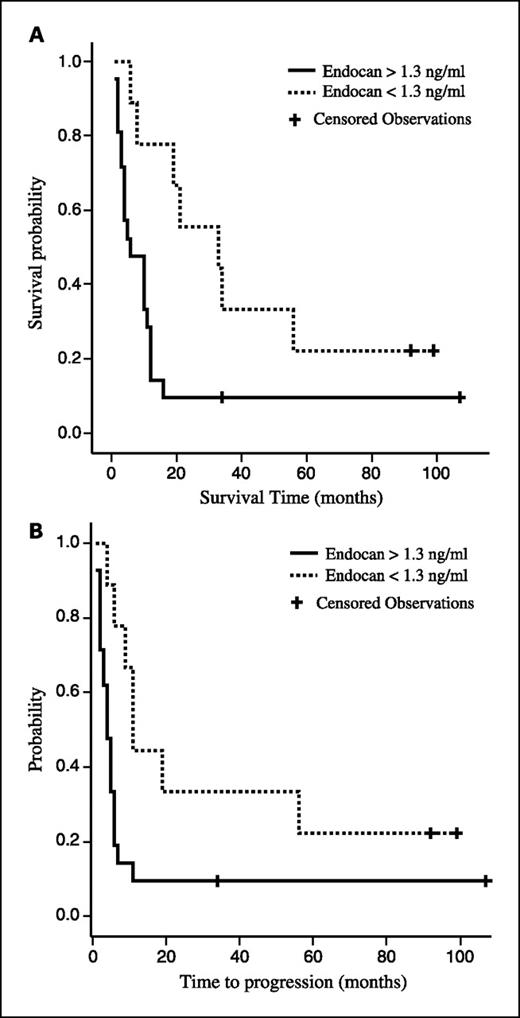 Fig. 4. Endocan as a prognostic factor in NSCLC patients (n = 30). A statistically significant difference was found between groups of patients divided by a cutoff of serum endocan of 1.3 ng/mL for (A) overall survival (P = 0.018, log-rank test) and (B) time to progression (P = 0.02, log-rank test). Solid line, high serum endocan group (endocan, >1.3 ng/mL); dotted line, low serum endocan group.