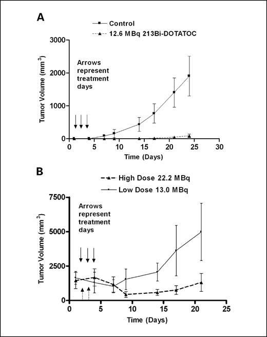 Fig. 6. Graphical comparisons of small-volume and large-volume tumor-bearing rats treated with 213Bi-DOTATOC. Rats were treated for 3 consecutive days with DOTATOC or 213Bi-DOTATOC. A, graph of small-volume tumor-bearing Lewis rats given DOTATOC alone or a total 12.6 MBq of 213Bi-DOTATOC. B, graph of large tumor volume–bearing Lewis rats given high 22.2 MBq and low 13.0 MBq doses of 213Bi-DOTATOC.