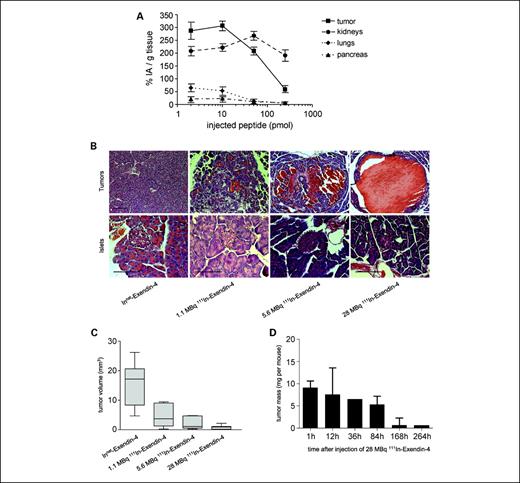 Fig. 1. [Lys40(Ahx-DTPA-111In)NH2]-Exendin-4 represses insulinoma growth. A, biodistribution 4 h after injection of 2, 10, 50, and 250 pmol [Lys40(Ahx-DTPA-111In)NH2]-Exendin-4 in tumor-bearing Rip1Tag2 mice. Points, result of two independent experiments with a total of six animals in each group; bars, SD. B, analysis of H&E stainings of pancreas sections 8 d after injection of [Lys40(Ahx-DTPA-111In)NH2]-Exendin-4 and nonradioactive Innat-Exendin-4. Tumor cell death and formation of hemorrhagic lacunae in the tumors of the interventional group (top) are apparent, whereas morphologically normal islets are not affected by the treatment (bottom). Bar, 100 μm. C, dose-dependent reduction of tumor volumes 8 d after injection of [Lys40(Ahx-DTPA-111In)NH2]-Exendin-4. The percentages of tumor volume reduction in treated compared with control mice (% treated versus control) are 27.9%, 13.7%, and 5.6% for the 1.1, 5.6, and the 28 Mbq groups (P = 0.0003, Kruskal-Wallis test). D, kinetic of tumor mass reduction in the 28 MBq group. A first decrease in tumor mass is detectable 36 h after injection of the radiopeptide and a progressive reduction in tumor mass is apparent until 10 d after treatment.