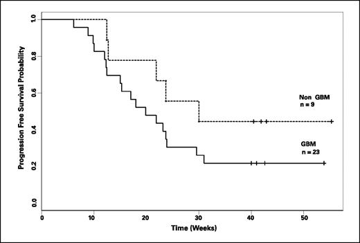 Fig. 3. Kaplan-Meier PFS grade III versus grade IV tumors.