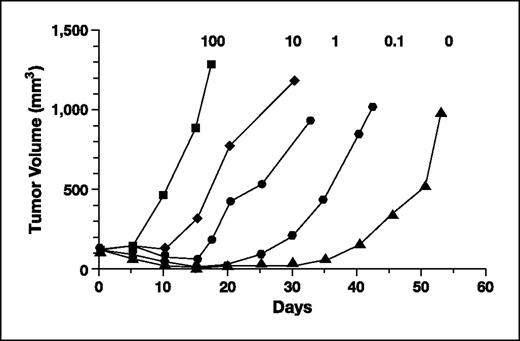 Fig. 2. Growth of tumor xenografts containing various percentages of MGMT-positive cells (indicated by numbers above each curve) in animals treated with 23 mg/kg of BCNU. Adapted with permission from Phillips et al. (16).