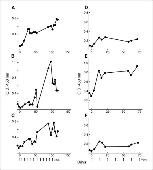 Fig. 3. A, antibody titers of melanoma patient K030/M34 against multiple antigens, ATP6S1 (A; ref. 10), FAK (B), and AKT2 (C), as a function of vaccination. ELISA with bacterial-expressed protein. Sera at a 1:1,000 dilution. Arrows, times of vaccination. Antibody titers of lung cancer patient L1 against multiple antigens, UBF (D), ATP6S1 (E; ref. 10), and HIDA (F), as a function of vaccination. ELISA with bacterial-expressed protein. Sera at a 1:1,000 dilution. Arrows, times of vaccination.
