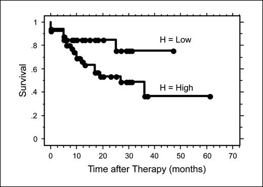 Fig. 4. Progression-free survival comparing patients with low versus high heterogeneity tumors. P = 0.03.