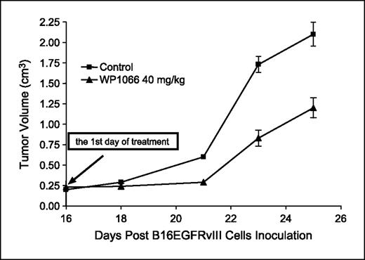 Fig. 2. Volume of subcutaneous B16EGFRvIII tumors in C57BL/6J mice treated with vehicle control or with WP1066 via o.g. once per day after tumors were measurable (n = 6 per group per experiment). On day 25, a P value of < 0.05 comparing the WP1066-treated group to the vehicle control-treated group. The figure is the result of a single experiment, but repeated twice.