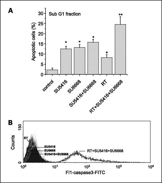 Fig. 4. Determination of apoptotic endothelial cells (HUVEC) in response to SU5416 (1 μmol/L), SU6668 (5 μmol/L), 2 Gy radiation, and combinations. A, fractions of cells with sub-G1 DNA content. Columns, mean (n = 6); bars, SD. *, P < 0.05 versus controls; **, P < 0.05 versus all other groups. B, flow cytometric analysis using a phycoerythrin-conjugated active caspase-3 monoclonal antibody at 12 h after therapy. Control cells are primarily negative for the presence of active caspase-3. Combined SU5416 and SU6668 induces more caspase-3 activity than irradiation or the compounds alone. After triple combination radiation + SU5416 + SU6668, most cells are positive for active caspase-3 staining.