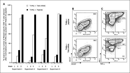 Fig. 2. In vitro induction of HLA-A2–restricted MelanA-specific CD8+ T cells, activated/cytolytic CD8+ T cells, and IFN-γ/TNF-α–secreting CD8+ T cells by DCs electroporated with TriMix mRNA pulsed with antigenic peptide or coelectroporated with TAA mRNA. A, naive CD8+ T cells were stimulated thrice, with a weekly interval with TriMix DCs. Every week, T cells were counted and stained for CD8 and MelanA specificity, and the absolute number of MelanA-specific CD8+ cells present in the culture was calculated. Relative percentage in comparison with the number of MelanA-specific CD8+ T cells obtained after three stimulations with TriMix DCs pulsed with MelanA-A2 peptide (set at 100%) is shown. B, the activation status and cytolytic activity of MelanA-specific T cells were determined by a CD137/CD107a assay. Primed T cells were restimulated with T2 cells pulsed with gag or MelanA peptide in the presence of anti-CD107-PE-Cy5 mAb and Golgi-stop. After overnight culture, cells were harvested, stained with anti-CD8-FITC and anti-CD137-PE, and analyzed by flow cytometry. T cells were gated on forward scatter/side scatter characteristics and CD8 positivity. The percentage of CD137/CD107a double-positive cells is given after subtraction of background response induced by T2 cells pulsed with gag peptide, which never reached higher than 3%. C, intracellular IFN-γ/TNF-α production by MelanA-primed CD8+ T cells was measured by flow cytometry. Primed T cells were restimulated overnight with T2 cells pulsed with gag or MelanA peptide in the presence of Golgi-plug. Then, T cells were stained for CD8, IFN-γ, and TNF-α positivity. T cells were gated on forward scatter/side scatter characteristics and CD8 positivity. The percentage of IFN-γ and/or TNF-α secreting cells is given after subtraction of background response induced by T2 pulsed with gag peptide, which never reached higher than 3%. Results in B and C are given for experiment 1. In each experiment, CD137/CD107a positivity and IFN-γ/TNF-α secretion correlated with the percentage of MelanA-specific T cells present in the culture.