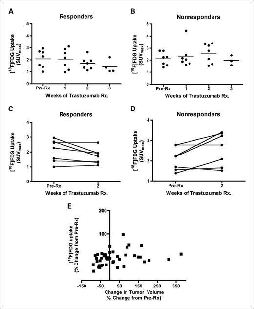 Fig. 4. Longitudinal assessment of [18F]FDG uptake in MMTV/HER2 tumors suggests that overall tumor glucose metabolism is not altered by trastuzumab therapy. No significant difference was observed between serial [18F]FDG-PET images in either responding (A) or nonresponding (B) MMTV/HER2 tumor-bearing mice. C, on an individual basis, tumor [18F]FDG uptake (pretreatment imaging compared with 2-wk posttreatment) was almost identical following treatment in a vast majority of responding mice. D, however, some nonresponding cohorts showed a trend toward increased [18F]FDG uptake after 2 wk of trastuzumab treatment. E, nonlinear regression analysis showed that no correlation was observed between changes in [18F]FDG uptake and overall changes in tumor volume from baseline.