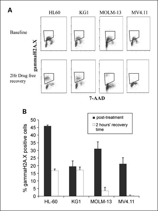Fig. 2. Flow cytometric analysis γH2AX phosphorylation. γH2AX was measured directly after treatment and following 2 h additional culture in drug-free medium to allow recovery. A, representative flow cytometric dot-plots. γH2AX fluorescence on the Y axis, plotted against DNA content (7-AAD) on the X axis, directly after drug treatment and following 2 h recovery time. B, as in A. Mean of two to three independent flow cytometry experiments.