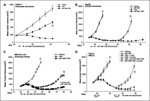 Fig. 1. Efficacy of ABT-888 in combination with TMZ in various xenograft models. ABT-888 was administered at 25 mg/kg/d, orally, twice daily (BID) for 5 d, concurrently with TMZ at 50 mg/kg/d, orally, once (QD) daily for 5 d, for one or more cycles as indicated. A, Capan-1, pancreatic carcinoma. B, HeyA8, ovarian carcinoma. C, MDA-231-LC3, orthotopic breast carcinoma. D, Calu-6, non–small cell lung carcinoma. All are subcutaneous models except for MDA-231-LC3. Points, mean of 8 to 10 mice per treatment group; bars, SEM.