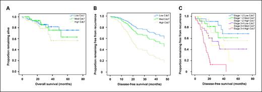 Fig. 4. Cdc7 is an independent predictor of survival. Survival curves showing association between Cdc7 and patient survival. A, Kaplan-Meier survival plot shows that Cdc7 expression predicts overall survival in this study cohort (HR, 1.68; 1.16-2.44; P = 0.007). The cohort was split into tertiles of Cdc7 expression (lower tertile, <6.5% of cells positive for Cdc7, n = 8/47 events/patients; middle tertile, 6.5-12.5%, n = 8/48 events/patients; upper tertile >12.5%, n = 12/48 events/patients). B, multivariate survival plot shows that Cdc7 predicts disease-free survival independent of patient age, tumor grade and stage (HR, 2.03; 1.53-2.68; P < 0.001). The cohort was split into tertiles of Cdc7 expression (lower tertile, <6.5% of cells positive for Cdc7, n = 17/47 events/patients; middle tertile, 6.5-12.5%, n = 18/48 events/patients; upper tertile >12.5%, n = 32/48 events/patients). C, Kaplan-Meier survival plot shows that Cdc7 has independent prognostic value in predicting disease-free survival over and above tumor stage, the hazard ratio for relapse increasing to 10.90 (CI, 4.07-29.17) for the stage 3 to 4/upper Cdc7 tertile group relative to those patients with stage 1 to 2 and in the lower tertile of Cdc7 (stage 1 to 2/lower tertile, n = 5/23 events/patients; stage 1 to 2/middle tertile, n = 6/23 events/patients; stage 1 to 2/upper tertile, n = 5/16 events/patients; stage 3 to 4/lower tertile, n = 12/24 events/patients; stage 3 to 4/middle tertile, n = 12/24 events/patients; stage 3 to 4/upper tertile, n = 26/30 events/patients).