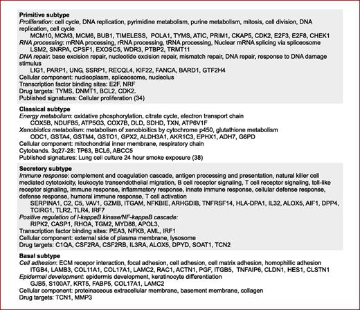Fig. 3. Subtype biological functional themes. Significantly enriched gene sets that are overexpressed in a subtype (GSEA preranked, FDR < 0.05) and genes representative of the set are shown. Pathways and biological processes are organized into functional themes, indicated by italics. Transcription factor binding site refers to gene sets having a predicted transcription factor binding site. Cellular component refers to gene sets having a particular cellular location. Drug targets are defined as overexpressed in all pairwise subtype comparisons (FDR < 0.01).