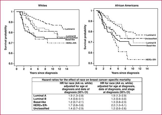 Fig. 1. Race-stratified Kaplan–Meier plots and race effect estimates for breast cancer–specific mortality by immunohistochemical subtype in the Carolina Breast Cancer Study, 1993–2006. AA, African Americans.