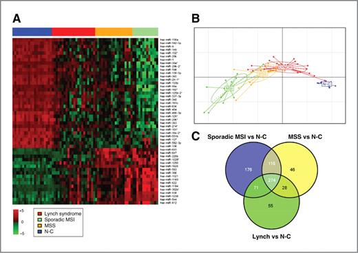 Figure 1. Differential miRNA expression between normal colonic mucosa and tumor tissue. A, heat map showing the expression of the 50 most significant miRNAs identified by limma in the 4 groups [Lynch syndrome, sporadic MSI, MSS, and normal colonic tissue (N-C)]. Rows represent miRNAs and columns represent individual samples. B, the between-group analysis plot showing sample clustering based on the expression of the 50 most significant miRNAs. The 4 groups clearly clustered in distinct sets based on this group of miRNAs. C, the Venn diagram shows significantly dysregulated miRNAs among the 3 tumor subtypes (sporadic MSI, MSS, and Lynch syndrome) compared with normal colonic tissue mucosa.
