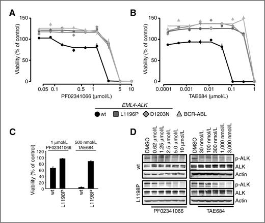 Figure 3. Novel ALK resistance mutations confer resistance PF02341066 and TAE684. A, polyclonal Ba/F3 cultures resistant to PF02341066 were treated with increasing concentrations of PF02341066. Viability was determined after 96 hours by measurements of cellular ATP content and expressed as a function of compound dose relative to dimethyl sulfoxide (DMSO)-treated controls. B, polyclonal Ba/F3 cultures resistant to PF02341066 were treated with increasing concentrations of TAE684. Viability was determined and depicted (as in A). C, Ba/F3 cells stably expressing EML4–ALKwt or EML4–ALKL1198P were treated with 1 μmol/L of PF02341066 or 500 nmol/L of TAE684. Cells were stained with trypan blue, and the fraction of viable cells was counted after 48 hours of treatment. D, whole-cell lysates of Ba/F3 stably expressing EML4–ALKwt or EML4–ALKL1198P were treated with different concentrations of ALK inhibitors. Levels of ALK phosphorylation were monitored by immunoblotting. Actin was used as loading control. wt, wild-type.