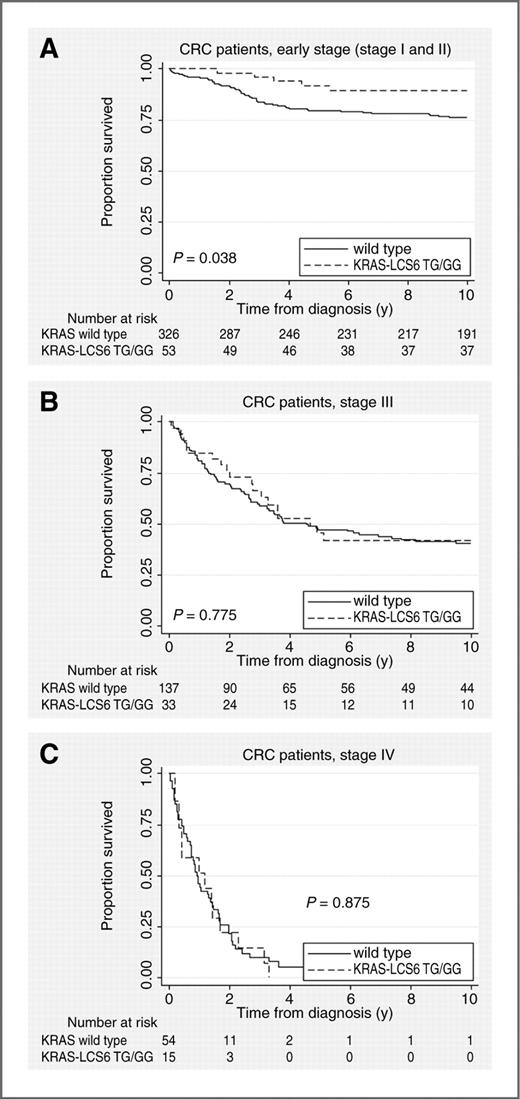 Figure 1. A, Kaplan–Meier curve for the KRAS-LCS6 variant and cause-specific survival in early-stage (stage I and II) CRC. B, Kaplan–Meier curve for the KRAS-LCS6 variant and cause-specific survival in stage III CRC. C, Kaplan–Meier curve for the KRAS-LCS6 variant and cause-specific survival in stage IV CRC.