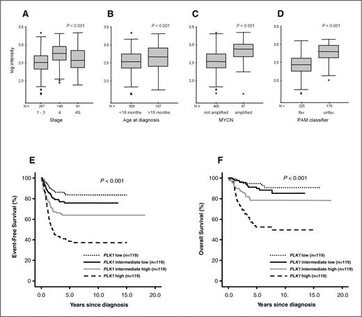 Figure 1. Association of A, tumor stage, B, age at diagnosis, C, MYCN amplification status, and D, gene-expression based classification (PAM classifier) with PLK1 transcript levels in 476 neuroblastomas. Boxes, median expression values (horizontal line) and 25th and 75th percentiles; whiskers, distances from the end of the box to the largest and smallest observed values that are less than 1.5 box lengths from either end of the box; open circles, outlying values; (N), patient numbers. Kaplan–Meier curves show the probability of E, event-free and F, overall survival of neuroblastoma patients according to the level of PLK1 expression. “PLK1 low,” “PLK1 intermediate low,” “PLK1 intermediate high,” or “PLK1 high” indicate patients with PLK1 mRNA levels defined as low (<25th percentile), intermediate low (>25th and <50th percentile), intermediate high (>50th and <75th percentile), or high (>75th percentile), respectively.