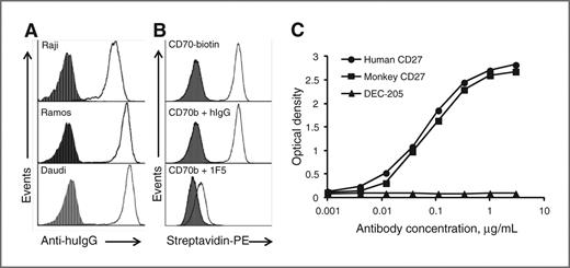 Figure 1. 1F5 mAb binding to lymphoma cell lines and recombinant human and macaque CD27. A, the lymphoblastoid cell lines, Raji, Ramos, and Daudi were incubated with 10 μg/mL 1F5 or isotype control and detected with a PE-labeled goat anti-human IgG Fc–specific antibody. Cell-associated fluorescence was determined by flow cytometry. The plotted histograms show human IgG1 isotype (filled histogram) and 1F5 (open histogram). B, Daudi cells were incubated with 3 μg/mL CD70-biotin alone (top) or with CD70-biotin and 50 μg/mL isotype control mAb (middle) or with CD70-biotin and 50 μg/mL 1F5 mAb (bottom). Binding of CD70 was detected with streptavidin-PE. C, the extracellular domain of monkey CD27 (squares) and human CD27 (circles) were produced with a FLAG tag and captured to ELISA plates with anti-FLAG antibody, followed by incubation with various concentrations of 1F5 mAb. Control wells had irrelevant protein (DEC-205-FLAG) captured. A goat anti-human IgG Fc-HRP antibody and substrate Super Blue TMB were used for detection.